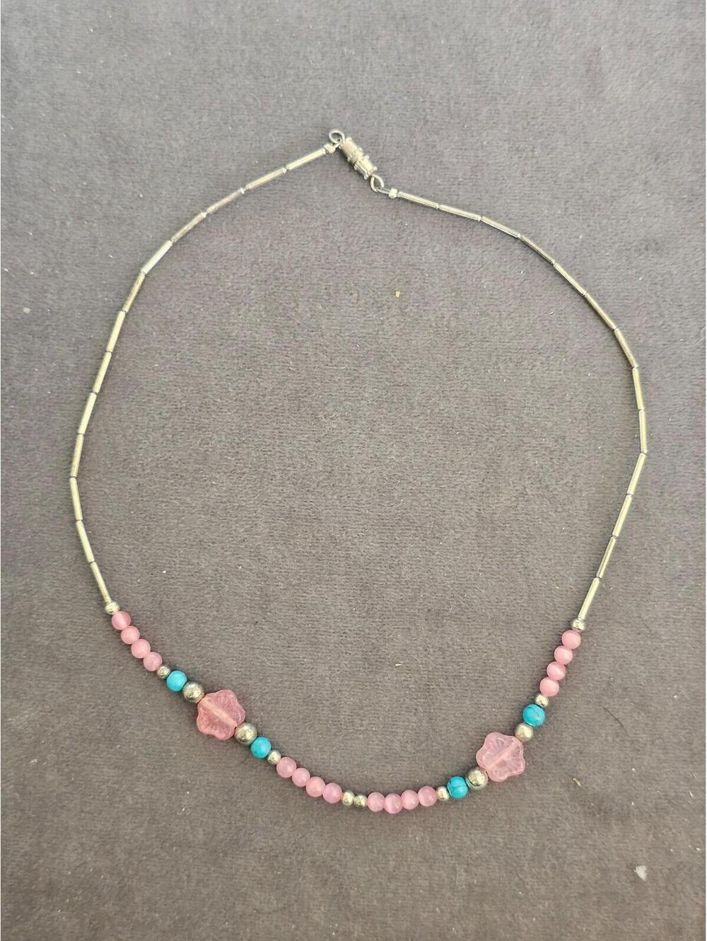 Silver, Pink, And Blue Beaded Necklace